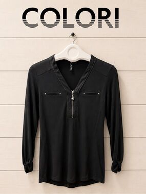 COLORI Black Long Sleeve Zip Detail Top Size S